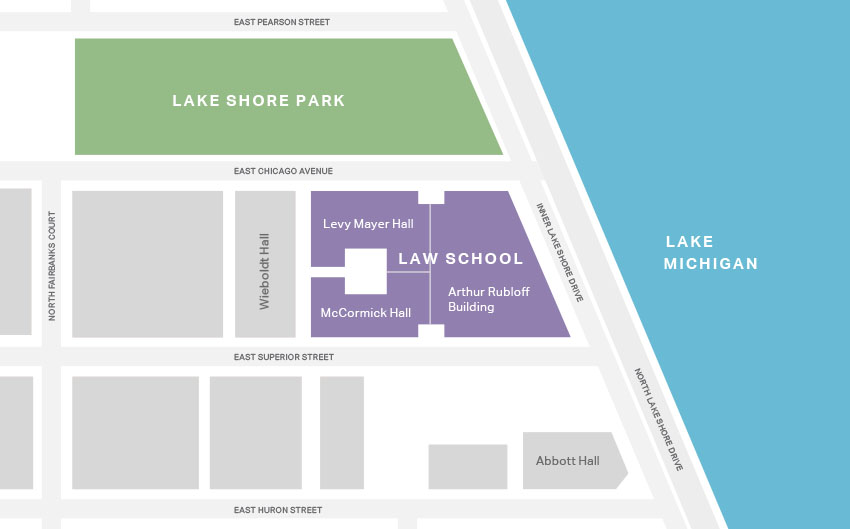 Northwestern Law School Campus Map: Levy Mayer Hall, McCormick Hall, Rubloff