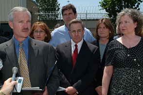Rory Steidl, left, addresses news media outside Danville Correctional Center on May 28, 2004, following the release of his brother, Gordon (Randy) Steidl, who served seventeen years in prison for a murder he did not commit. To Rory's left are, rear from left, Karen Daniel, Bill Clutter, and Jane Raley, and, front row, Michael Metnick and Patty Steidl. Photo: Loren Santow