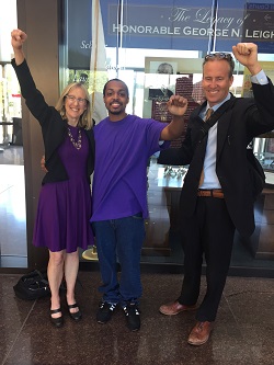 Marcel Brown with CWC attorneys Karen Daniel and Greg Swygert after his release