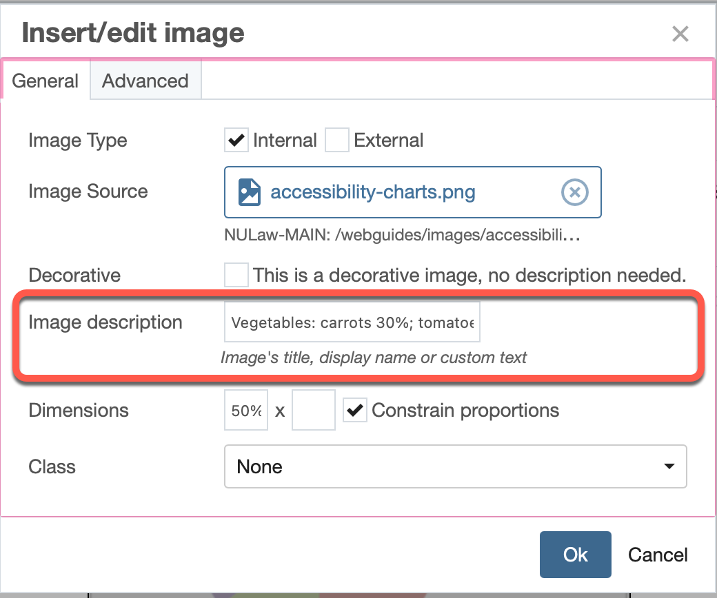 A screenshot of the "insert/edit image" CMS dialogue box that highlights the "image description" field.