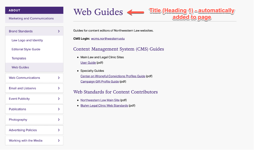 Screenshot of a Northwestern Law webpage that shows an auto-generated title with heading 1 applied.